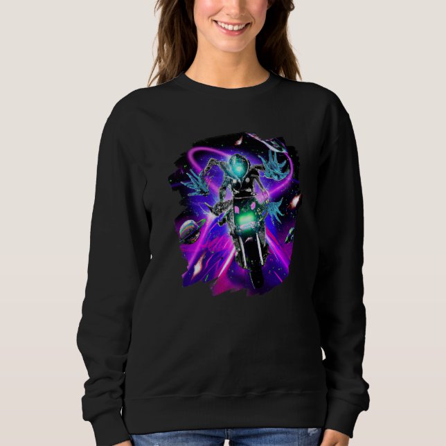 Alien Riding Motorcycle Dirt Bike in Space Aliens  Sweatshirt (Front)