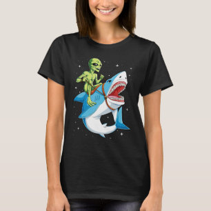 Alien Riding Shark T shirt UFO Women Men Kids Boys