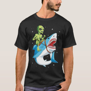 Alien Riding Shark T shirt UFO Women Men Kids Boys