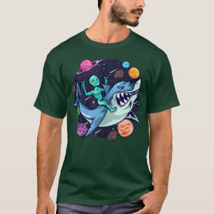 Alien Riding Shark UFO Outer Space Planets Kids Bo T-Shirt