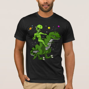 Alien Riding T-Rex Dinosaur Space UFO T-Shirt