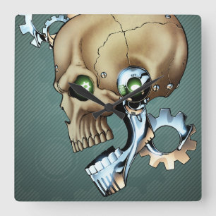Alien Robot Skull from the Future in Chrome + Bone Square Wall Clock