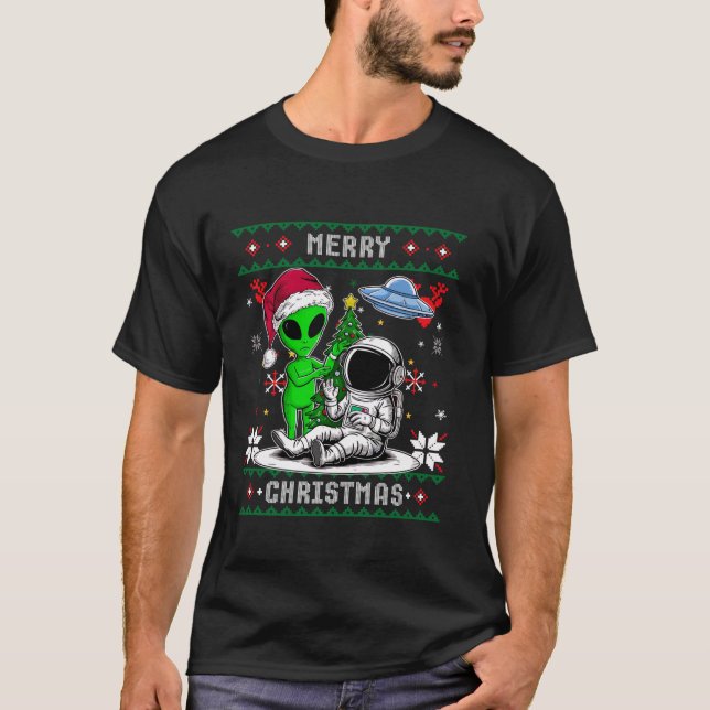 Alien Santa Astronaut Merry Christmas Tree Funny S T-Shirt (Front)