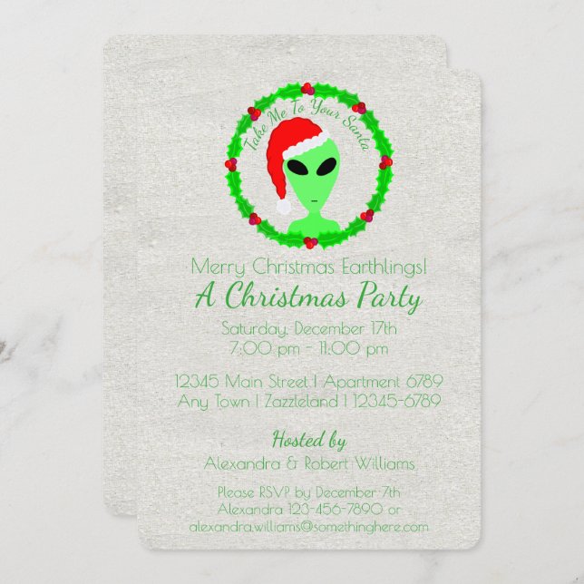 Alien Santa Holly Wreath Earthling Holiday Party Invitation (Front/Back)