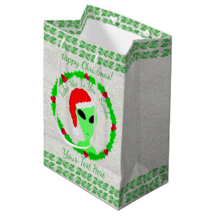 Alien Santa Holly Wreath Medium Happy Christmas Gift Bag
