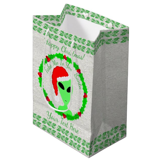 Alien Santa Holly Wreath Medium Happy Christmas Gift Bag (Front Angled)
