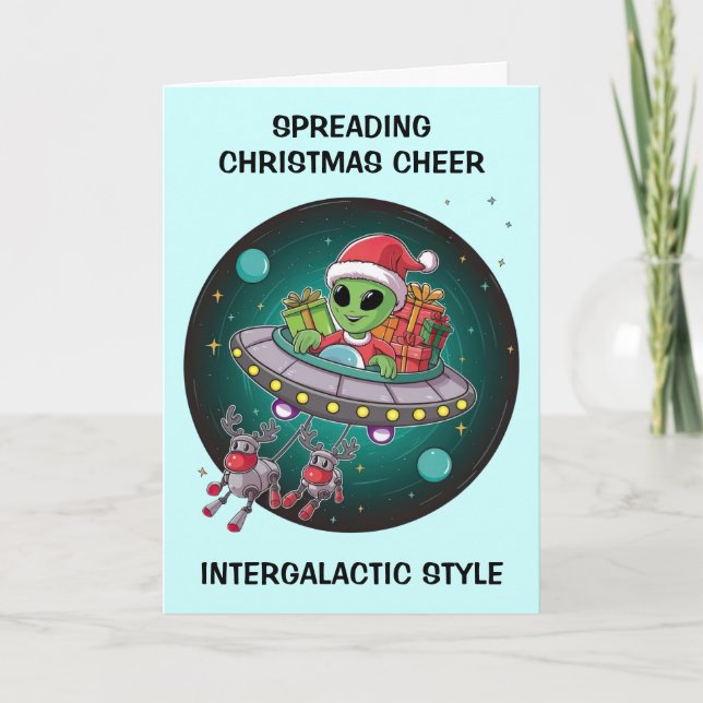 Alien Santa in UFO Christmas Holiday Card (Front)