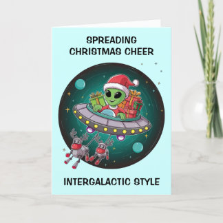 Alien Santa in UFO Christmas Holiday Card