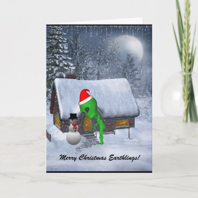 Alien Santa Meets Snowman Greeting Card (Front)