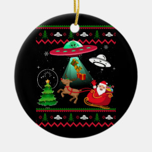 Alien Santa UFO Abduction Ugly Christmas Sweater S Ceramic Tree Decoration