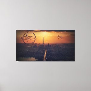 Alien Ships above City Fantasy Landscape Canvas Print