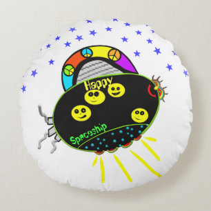 Alien Smile Peace Black Spaceship Stars Kids Round Cushion