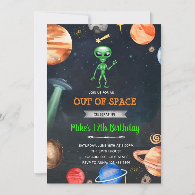 Alien space galaxy party invitation (Front)