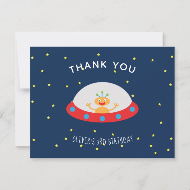 Alien spaceship birthday thank you note (Front)