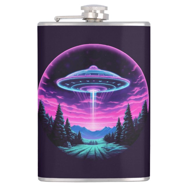Alien Spaceship Retro Futuristic Hip Flask (Front)