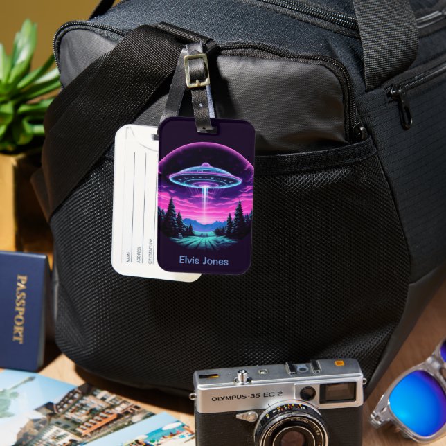 Alien Spaceship Retro Futuristic Luggage Tag (Front & Back)