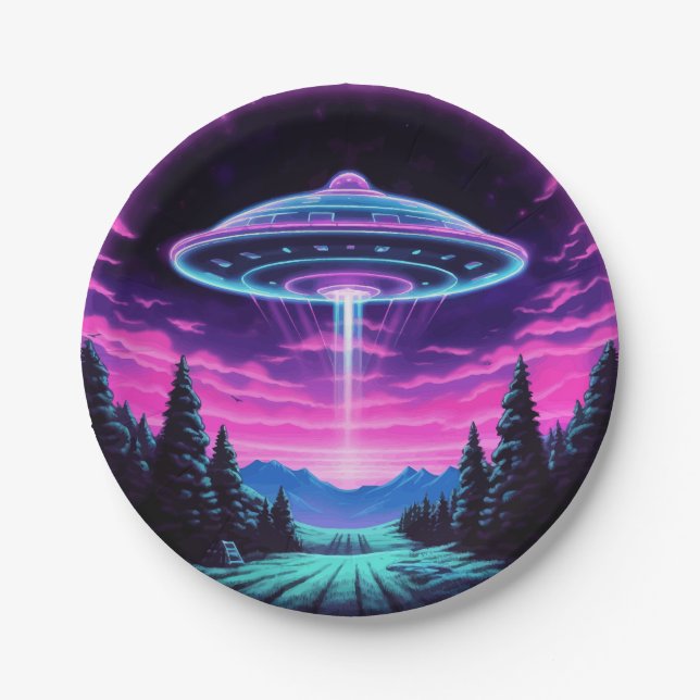 Alien Spaceship Retro Futuristic Paper Plate (Front)