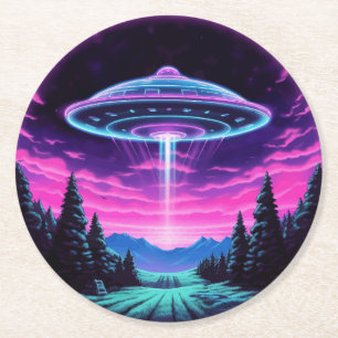 Alien Spaceship Retro Futuristic Round Paper Coaster