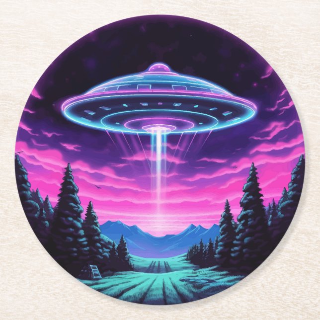 Alien Spaceship Retro Futuristic Round Paper Coaster (Front)
