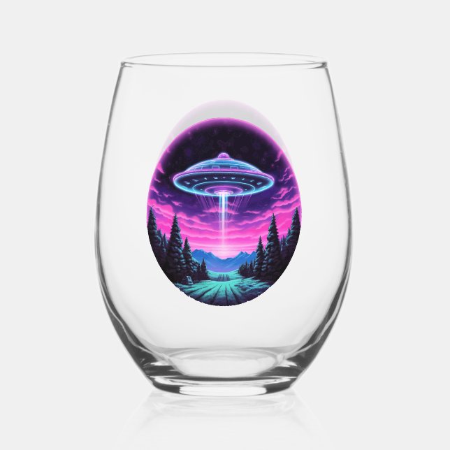 Alien Spaceship Retro Futuristic Stemless Wine Glass (Front)