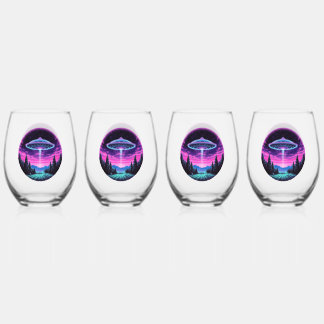 Alien Spaceship Retro Futuristic Stemless Wine Glass