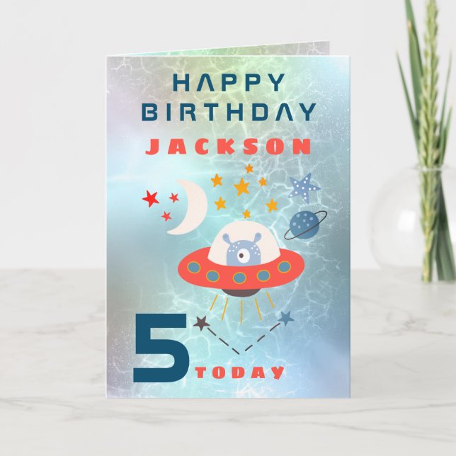 Alien Spaceship Space Teal 5th Birthday Card (Front)