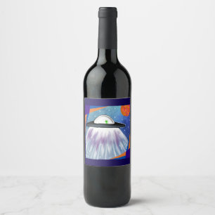 Alien spaceship UFO Space Wine Label