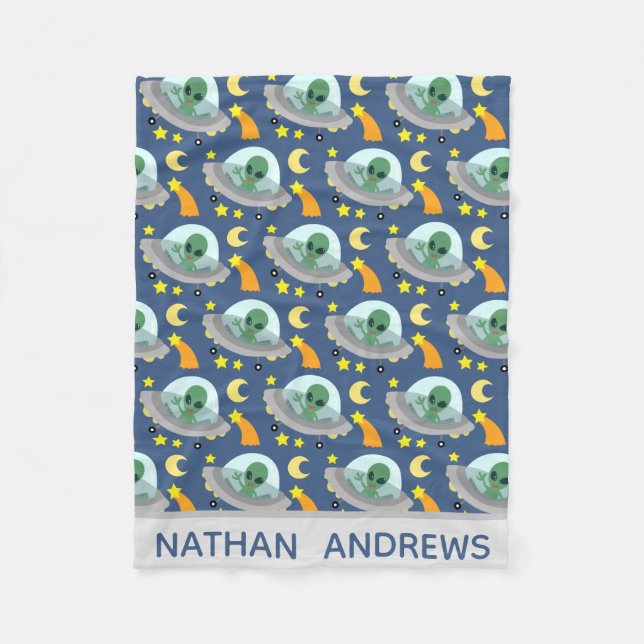 Alien Spaceships Space and Stars Personalised Fleece Blanket (Front)