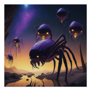 Alien Spiders Landing On Desolate Landcape Poster