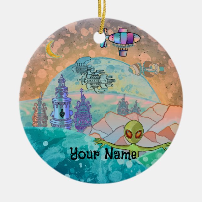 Alien  Tower City Ceramic Tree Decoration (Front)