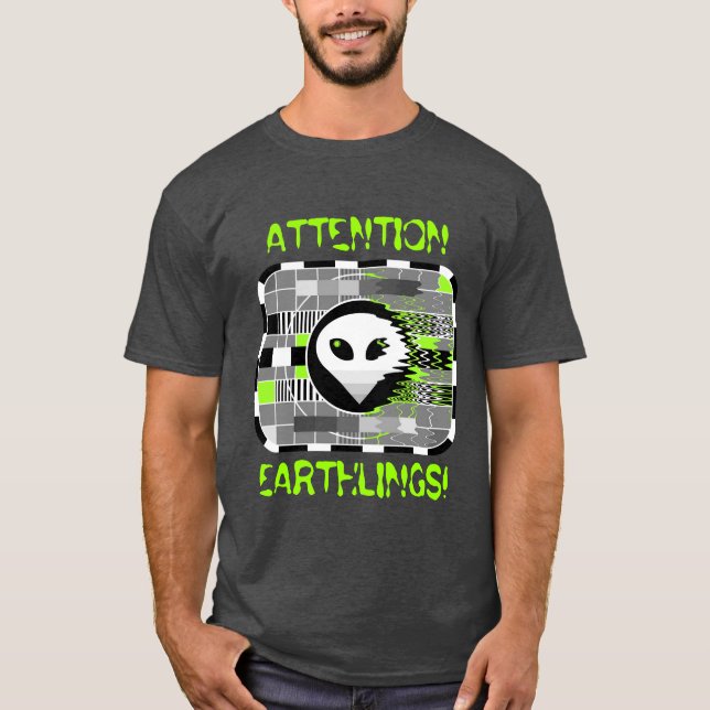 Alien TV 'ATTENTION EARTHLINGS!' men's basic grey T-Shirt (Front)