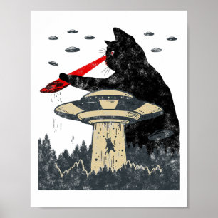 Alien Ufo Abduction Laser Eye Funny Cat  Poster