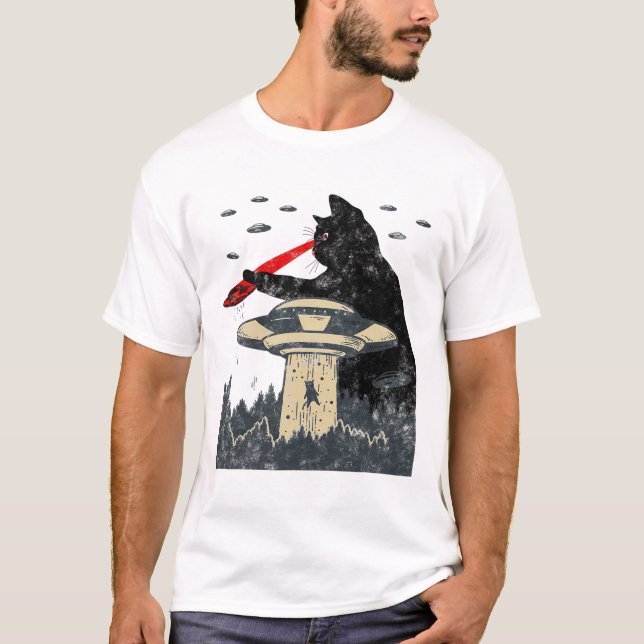 Alien Ufo Abduction Laser Eye Funny Cat  T-Shirt (Front)