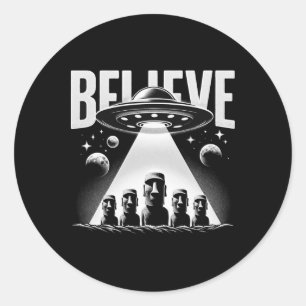 Alien Ufo And Moai Easter Island Head Tee - Mystic Classic Round Sticker
