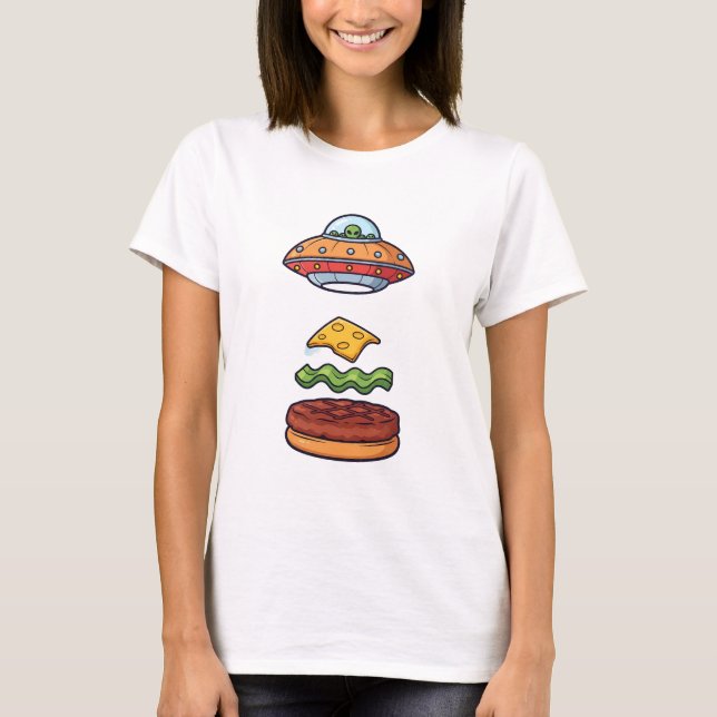 Alien UFO Burger Illustration with Floating Layers T-Shirt (Front)