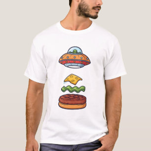Alien UFO Burger Illustration with Floating Layers T-Shirt