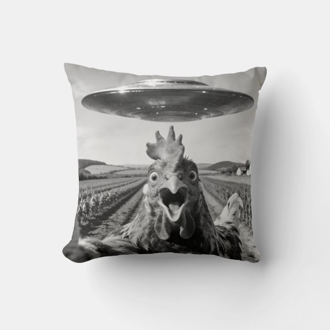 Alien UFO Chicken Art Abduction SciFi Humor Cushion (Front)