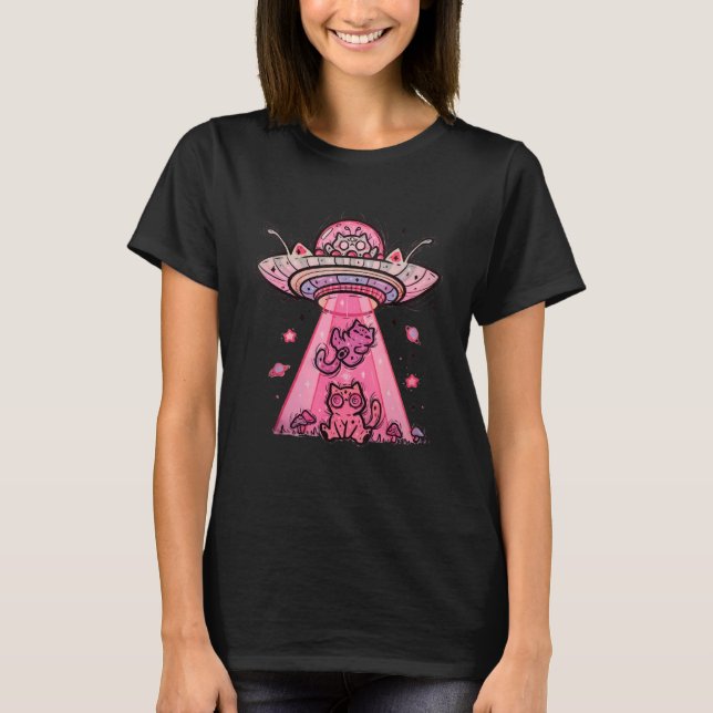Alien UFO   Retro Cat Alien Ship Abduction T-Shirt (Front)