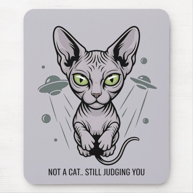 Alien UFO Sphynx Cat Illustration Mouse Pad (Front)