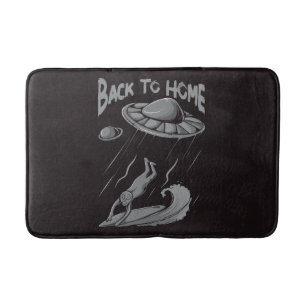 alien ufo surfing illustration with back to home bath mat