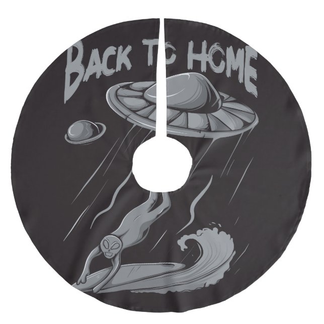 alien ufo surfing illustration with back to home  brushed polyester tree skirt (Front)