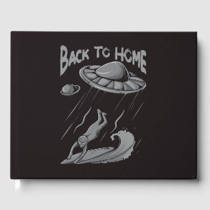 alien ufo surfing illustration with back to home guest book