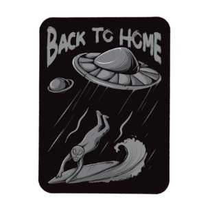 alien ufo surfing illustration with back to home   magnet