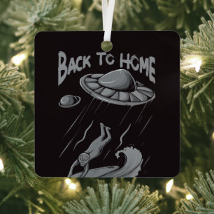 alien ufo surfing illustration with back to home   metal tree decoration
