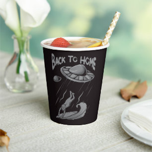 alien ufo surfing illustration with back to home paper cups
