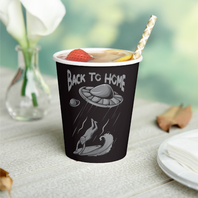 alien ufo surfing illustration with back to home   paper cups (Insitu)