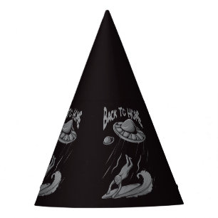 alien ufo surfing illustration with back to home party hat
