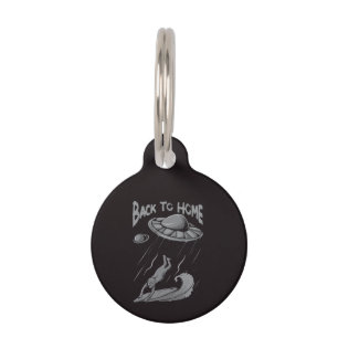 alien ufo surfing illustration with back to home pet tag