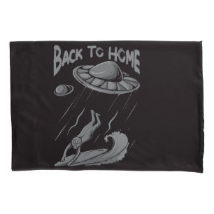 alien ufo surfing illustration with back to home   pillowcase