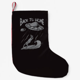 alien ufo surfing illustration with back to home  small christmas stocking